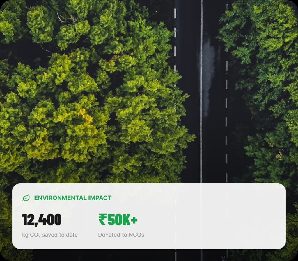 Aerial view of road through forest with environmental impact stats